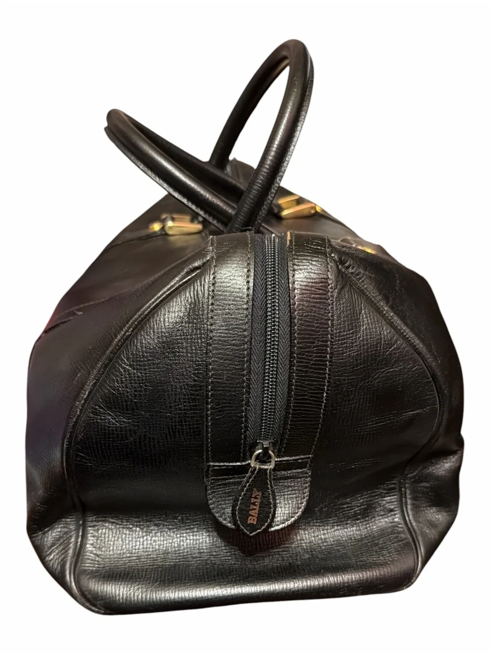 Vintage Bally Switzerland Black Grained Leather Boston Duffle Travel Bag